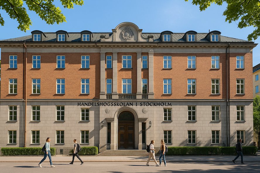 Fasaden av Handelshögskolan i Stockholm en solig dag