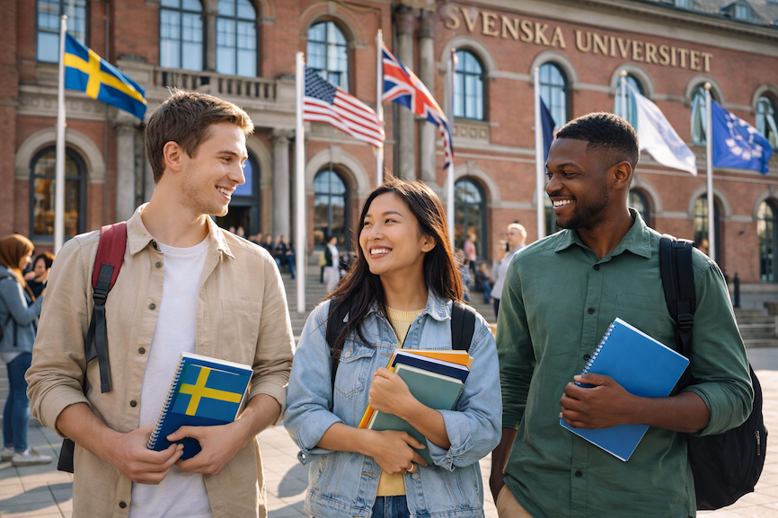 Svenska universitet i internationell akademisk miljö – studenter med olika bakgrund promenerar tillsammans framför universitetsbyggnad med internationella flaggor.